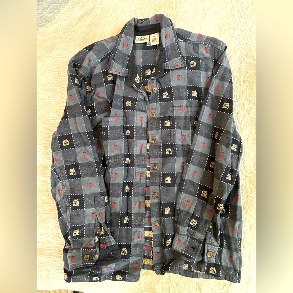 Vtg CJ Banks Button Up Patterned Long Sleeve, size L, Blue